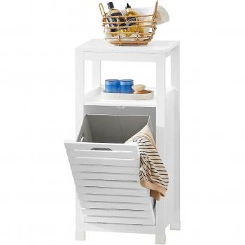 Gabinete de lavandería con puerta y estante de listones, cesto para ropa sucia, mueble de baño, color blanco, dimensiones 42 x 30 x 90 cm