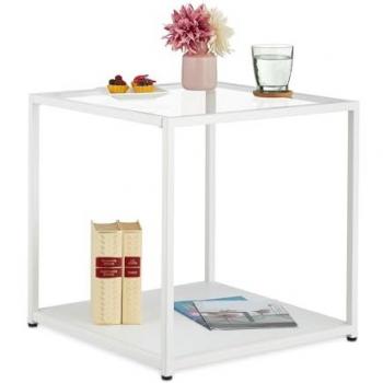 Mesa Auxiliar Cúbica de Cristal y Metal, 50x50x50 cm, con Balda Inferior, Color Blanco - Relaxdays
