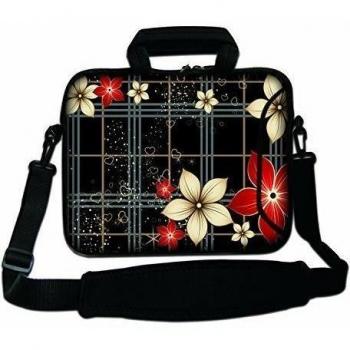 LUXBURG® 17 Pulgadas Bolso de hombro con diseño, Funda con Bandolera en Neopreno para Ordenador Portátil - Pequeñas Flores Rojas y Blancas
