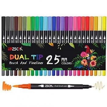 25 Colores Rotuladores lettering, ZSCM Rotuladores Doble Punta Fina, Fineliner Plumas para Adultos libros de colorear, Bullet Journal, Caligrafía y Dibujos, ilustraciones, bocetos