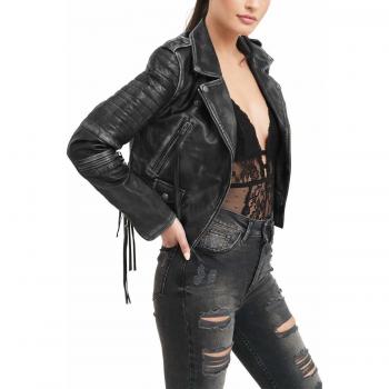 trueprodigy Casual Mujer Marca Chaqueta De Cuero Autentica Ropa Retro Vintage Rock Vestir Moda Moto Verano Manga Larga Slim Fit Designer Fashion Jacket, Colores:Black, Tamaño:XS