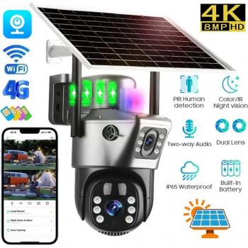 Cámara Solar Inalámbrica 4G 8MP 360° con Doble Pantalla, Visión Nocturna y Protección IP para Vigilancia Exterior