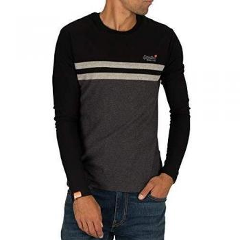 Superdry de los Hombres Camiseta de Manga Larga de Color Block, Negro, XL