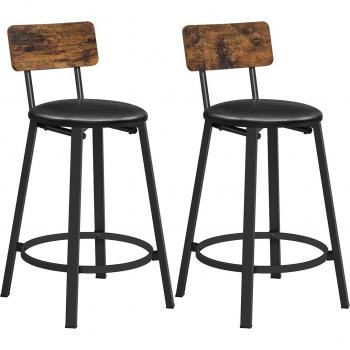 Taburetes de bar con respaldo, set de 2 unidades, con reposapiés, fáciles de montar, color marrón rústico y negro tinta, dimensiones 39x39x82 cm