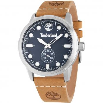 Reloj Hombre Timberland TDWGA0028501 - Reloj analógico de cuarzo, caja de acero inoxidable, correa de cuero marrón, resistencia al agua hasta 50 metros, esfera negra con detalles en blanco y log