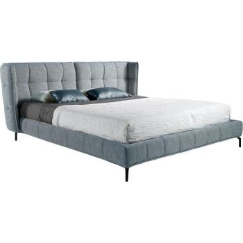 Cama tapizada ANGEL CERDÁ 7030C, tela azul y blanco, gris jaspeado y negro, dimensiones 231 x 225 x 106 cm