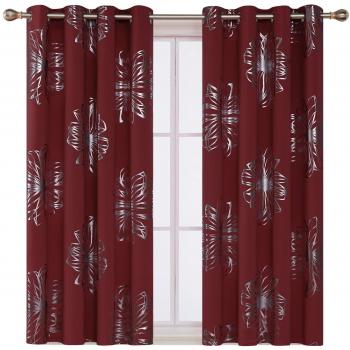 Deconovo Cortinas Opacas con Flores Plateados Cortina para Ventana de Cocina y Habitación de Niños con 8 Ojales 117 x 138 cm 2 Paneles Rojo Vino