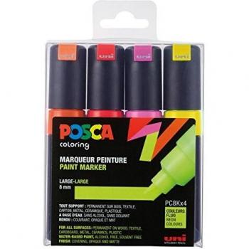 Set de 4 marcadores Posca PC-8K con punta ancha, colores neón (Amarillo Neón, Rojo Neón, Rosa Neón, Naranja Neón)