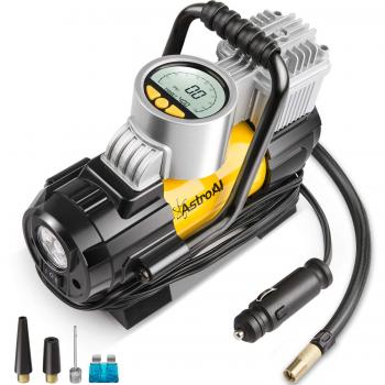 AstroAI Compresor de Aire para Coche 12V, Inflador Ruedas Coche Electrico Portatil Digital Automatico, Bomba Electrico con Pantalla LCD, Luz LED, Kit de Adaptadores y Fusible, 3 Años de Garantía