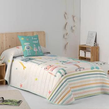 Colcha Bouti Infantil Robots Naturals con Funda de Cojín - Fabricado en España - Cama 105 cm