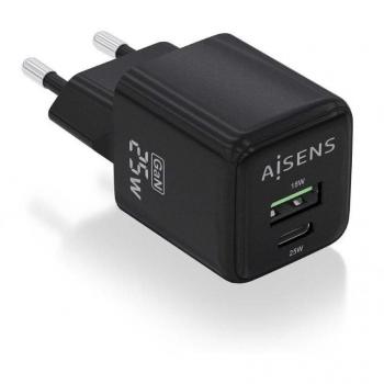 Cargador AISENS 25W con 1xUSB-C PD3.0 QC4.0 y 1xUSB-A QC3.0 - Color Negro