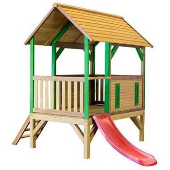 Casa Infantil de Madera FSC Akela con Tobogán Rojo - Cabana de Juego Exterior en Marrón y Verde