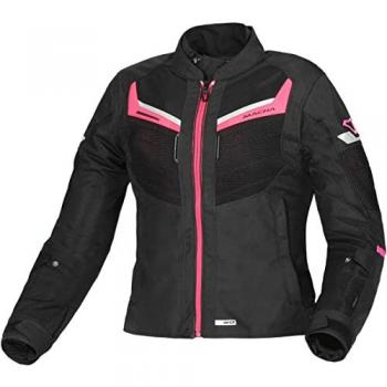 Macna Chaqueta de Moto Mujer Tondo Negro-Rosa, chaqueta textil impermeable para damas, color negro y rosa, talla S