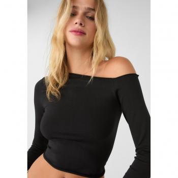 Stradivarius Black Seamless Asymmetric T-shirt Size S