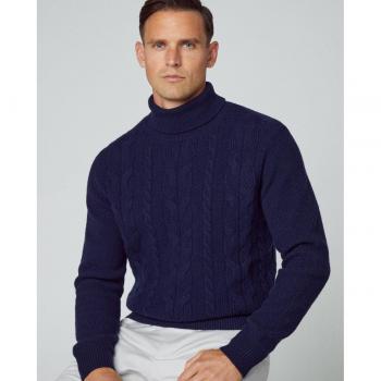 Jersey de hombre Hackett London en azul marino con cuello alto y detalle de cable.