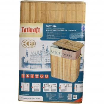 Tatkraft Fortuna Cesta de Ropa de Bambú con Tapa, Cesto de Mimbre para Ropa Sucia con 2 Compartimentos, Cubo de la Colada con Sistema de Ventilación, Hecho de Bambú 100% Natural y Bolsa de Tela, Capacidad de 60L