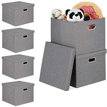 Set de 6 Cajas de Almacenaje Plegables con Tapa, Capacidad 51 l cada una, Cuadradas, 34x43x43 cm, Color Gris