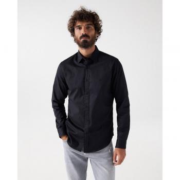 Salsa Jeans - Camisa de hombre slim lisa en color negro, 100% algodón, corte ajustado, manga larga, cuello clásico