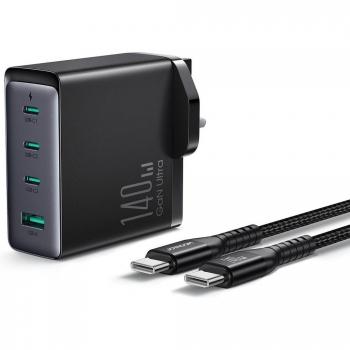 Cargador Rápido Joyroom GaN 140W con 3 Puertos USB-C y 1 Puerto USB-A, Incluye Cable USB-C a USB-C de 240W (1.2m), Color Negro