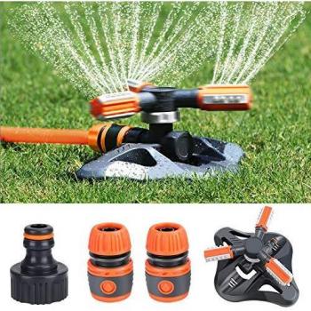 Fixget Aspersor de jardín, sistema de riego de césped mejorado, sistema de riego automático de riego giratorio de 360 grados Pulverizador de 3 brazos con conectores de manguera rápida