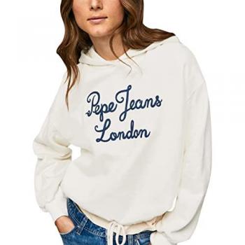 Sudadera Mica Beige de Pepe Jeans para mujer, fit cropped, con capucha, en color blanco crema y azul marino, talla L