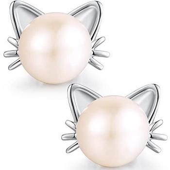 Pendientes Gato Pendientes Gato Perlas,Pendientes Gato Plata Esterlina Linda,Pendientes Gato Perlas Agua Dulce,Pendientes Oreja Gato para Mujer,Pendientes Gatito Moda Pendientes Gato Plata Niña
