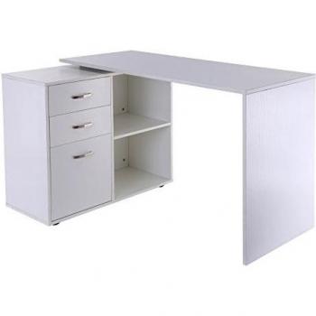 HOMCOM Mesa de Ordenador Escritorio Mesa Esquinera Oficina 2 Formas con 2 Estantes 3 Cajones Mesa de Despacho Escuela Estudio Madera Blanco