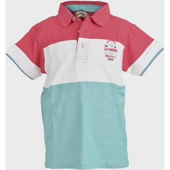Polo de niño de manga corta tricolor con diseño a rayas y cuello redondo
