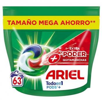 ARIEL PODS Todo en 1 Detergente Lavadora Líquido en Cápsulas/Pastillas, 63 Lavados, Más Poder Extra Quitamanchas, Limpieza Profunda