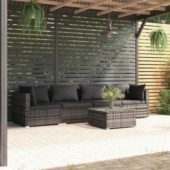 5 Piece Grey Poly Rattan Garden Sofa Set with Cushions