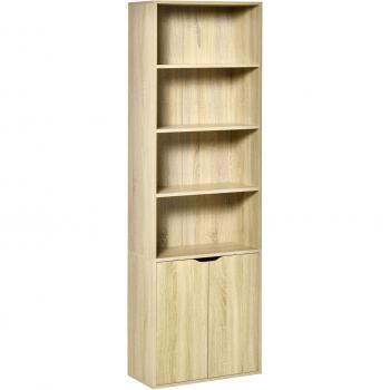 Estantería Librería Homcom con 4 Compartimentos Abiertos y 1 Armario de 2 Estantes, Madera Natural, Dimensiones 59x29x180cm