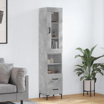 Aparador alto de madera contrachapada gris hormigón 34,5x34x180 cm con 2 cajones y 2 estantes, mueble de almacenaje para salón, buffet y armario auxiliar