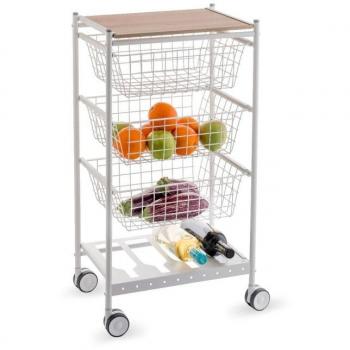 Carrito de cocina Karina, 3 cestas extraíbles grandes y botellero, Blanco-Haya