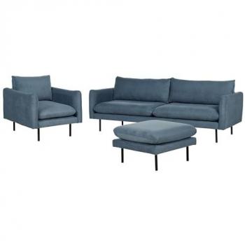 Conjunto de sala de estar moderno 5 plazas con otomana de tela chenilla azul y patas negras