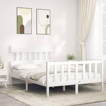 Cama de matrimonio pequeña con cabecero blanco, estructura de madera maciza