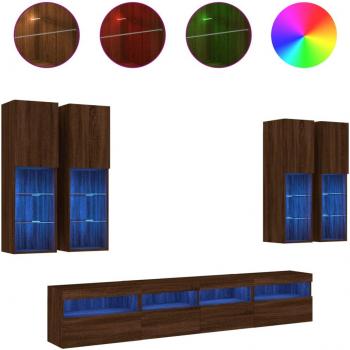 Muebles de TV de pared 7 piezas con luces LED en color marrón roble