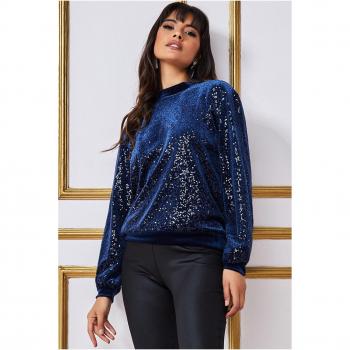 Goddiva Sequin Velvet Jumper - Navy - Size 12 UK