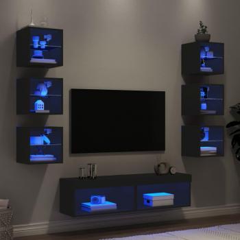 Mueble de TV de pared con LED 8 piezas en madera ingeniería y color negro