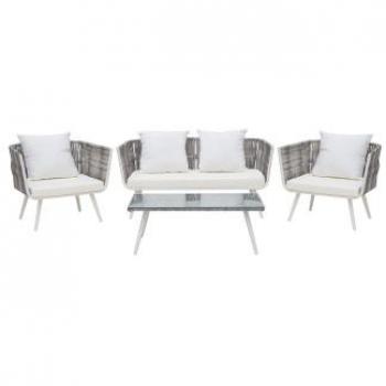 Conjunto de jardín de ratán sintético beige para 4 personas con mesa de centro y cojines Ragusa