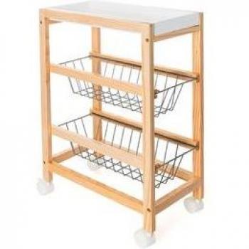 Carrito Multiusos con 3 Estantes y Ruedas de Madera/Blanco