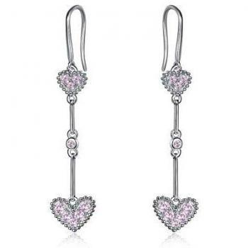 BDD CO. Pendientes colgantes de amor para mujer, Pendientes colgantes en forma de corazón de doble amor, Pendientes de rosado para niñas, Pendientes de plata esterlina S925, Circón cúbico 3A