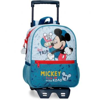 Mochila infantil Mickey Road Trip de 28cm con carro y bolsillo frontal, ideal para guardería
