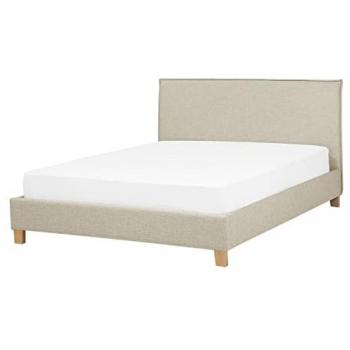 Marco de Cama Tapizado en Tela Beige con Cabecero y Patas de Madera 160 x 200 cm Estilo Escandinavo Minimalista