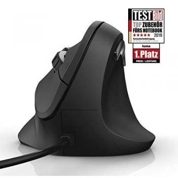 Hama EMC-500 Ratón Vertical Ergonómico para Diestros, 1800 DPI, Contra Síndrome RSI y Codo de Tenista, con Cable - Negro