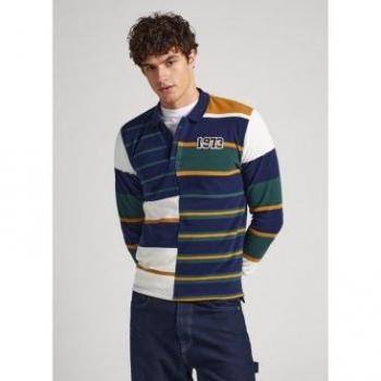 Pepe Jeans Men's Long Sleeve Polo Shirt - Lenon Navy Multicolor Size M