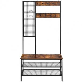 VASAGLE Perchero con Pared de Rejilla y Zapatero, 2 Estantes de Malla, Ganchos, 185 cm de Altura, Amplio Espacio de Almacenamiento, Montaje Sencillo