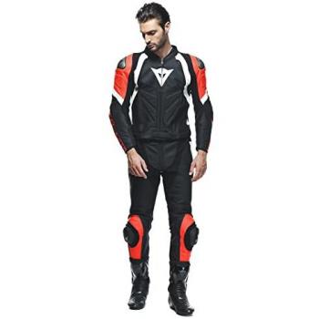 Traje de moto de cuero Dainese Avro 4, tipo 2 piezas, color negro, blanco y rojo, talla 54
