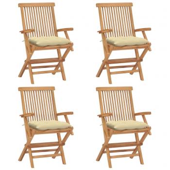 Solid Teak Garden Chairs with Cream White Cushions - Set of 4