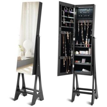 Bevel Edge Mirrored Standing LED Jewelry Cabinet - Black