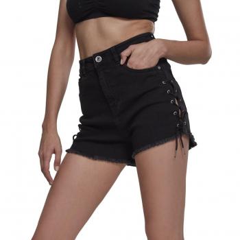 Urban Classics Women's Highwaist Denim Lace Up Hotpants - Black